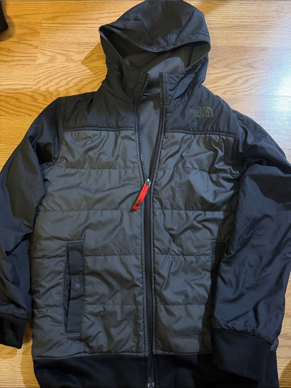 The North Face Kids Black Hooded Puffer Jacket with Red Zipper Pull